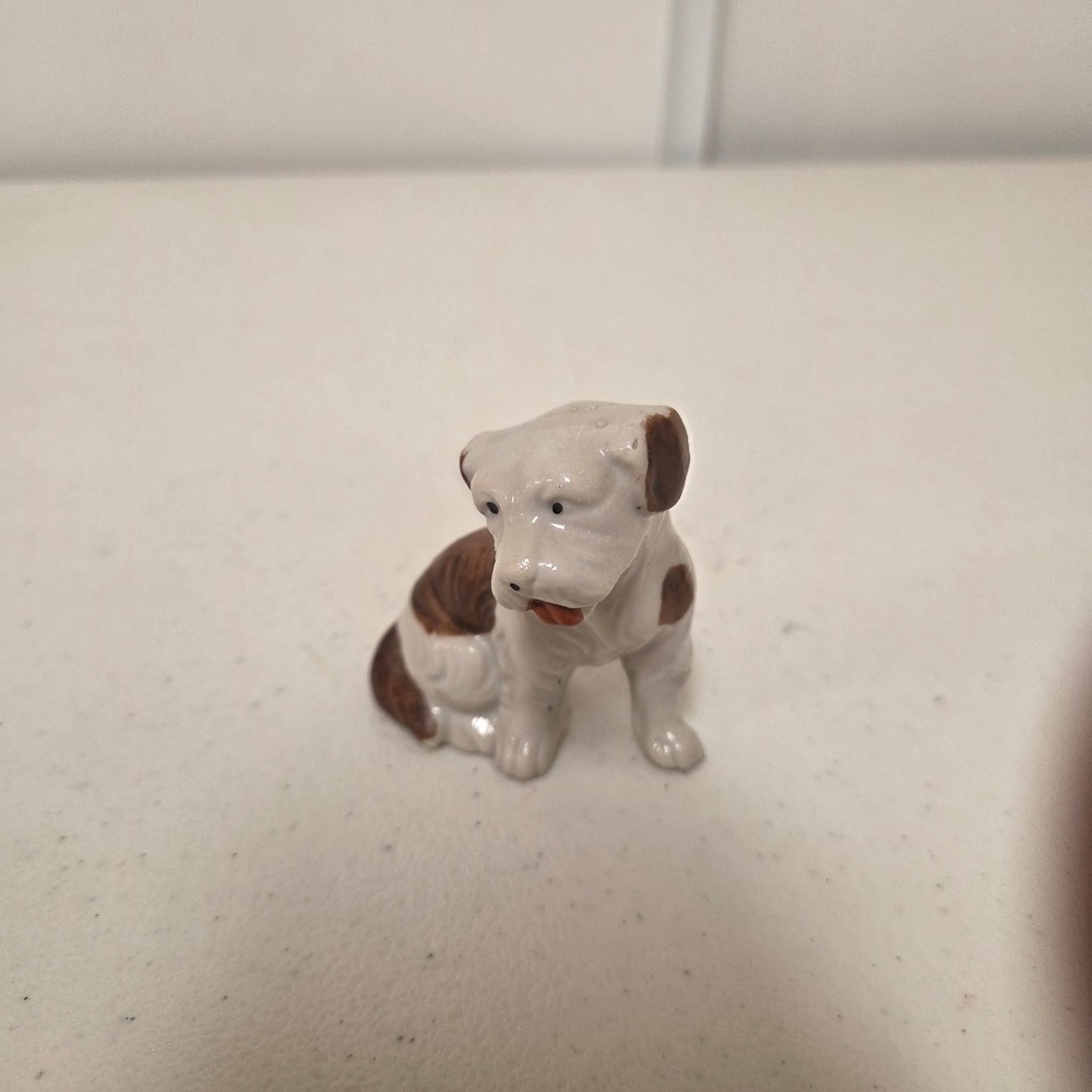 Vintage Japan Porcelain Dog Figurine Miniature White Brown Spotted Boxer Puppy